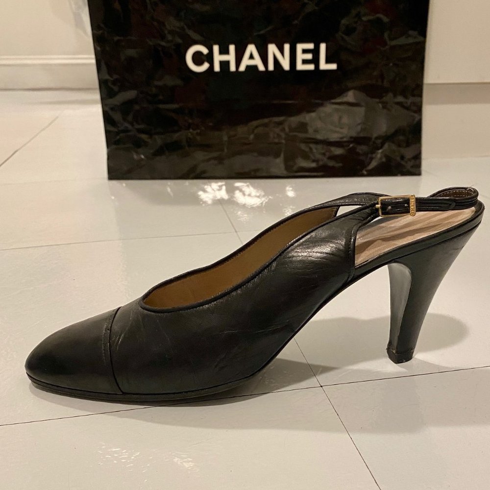 CHANEL Classic Black Slingback Shoes Vintage US 9